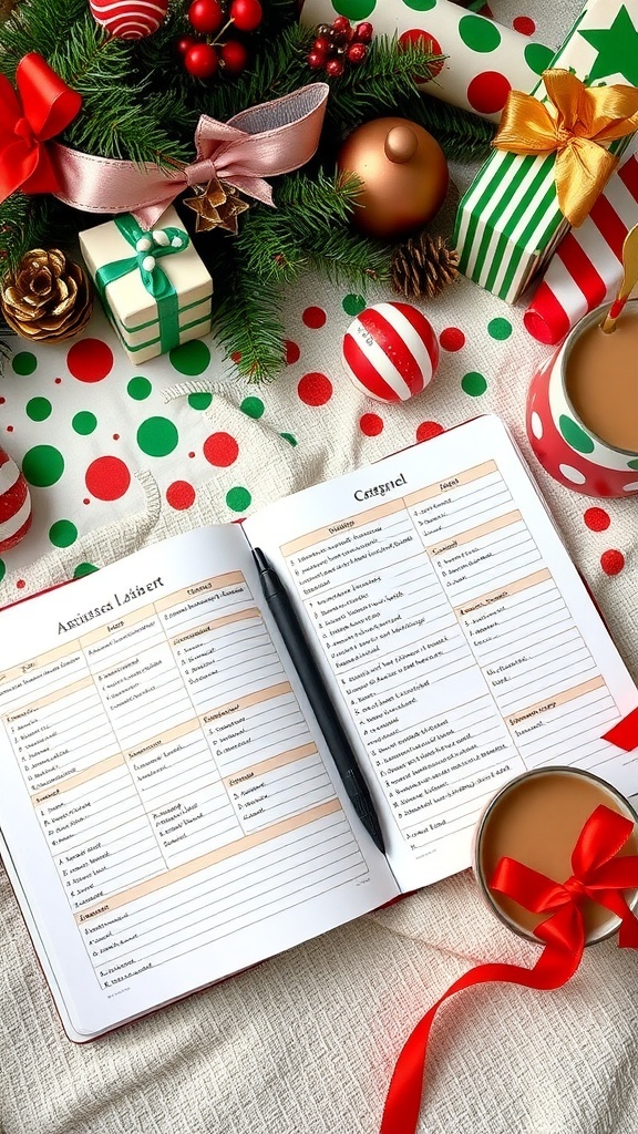 A Christmas gift planning journal with organized lists and festive decorations on a table.